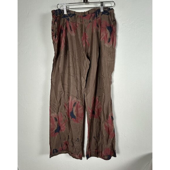 Nicole Womens Brown Floral Print Wide-Leg Pull-On Pants Medium Silk Blend Summer - Picture 1 of 12